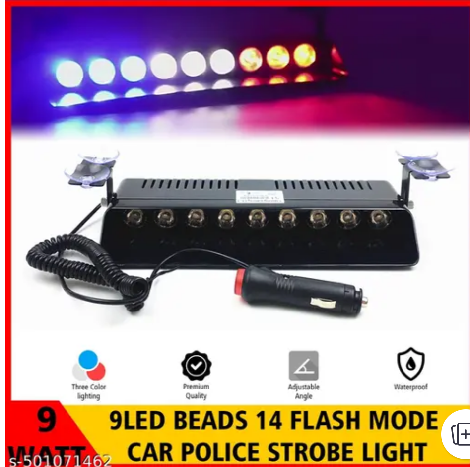 Waterproof 9 LED Red Blue And White Police Flashing Light for all Cars- Material: Metal & Plastic, 1 Unit
